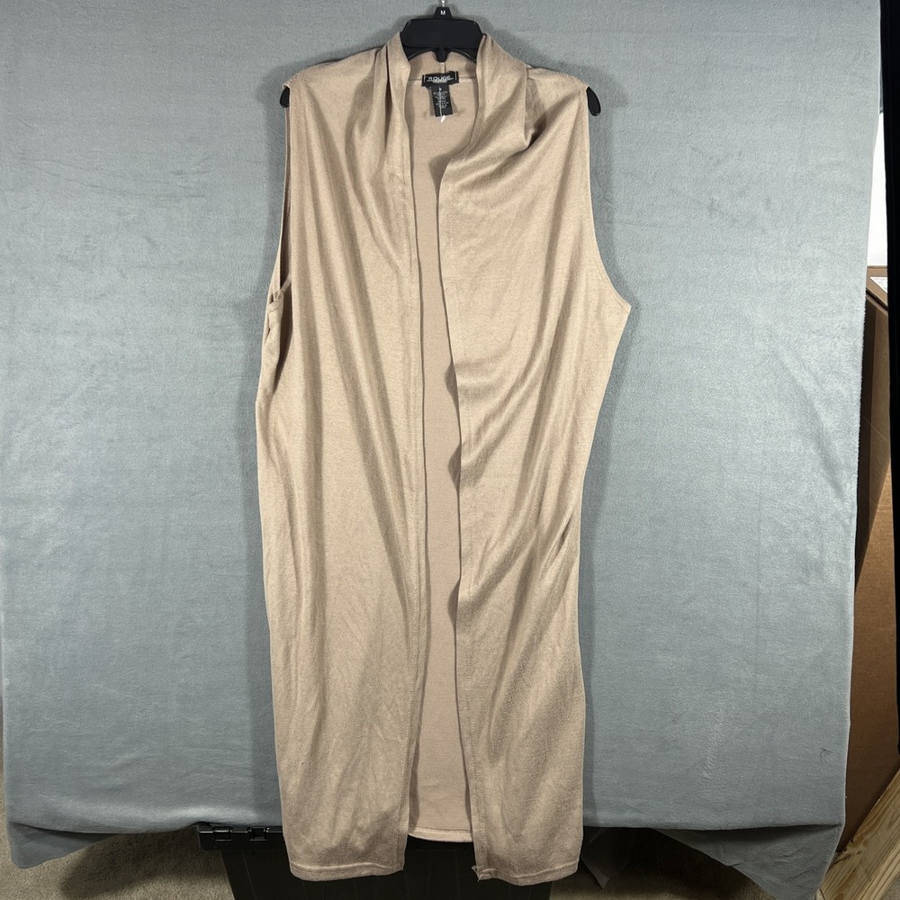 Rouge Collection Women's Plus Size 1X Tan Sleeveless Open Cardigan Vest Duster